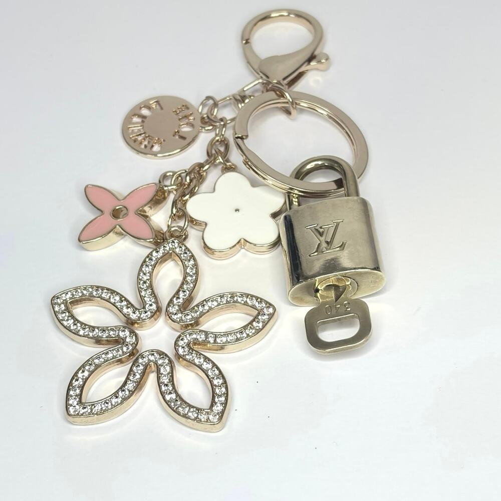 Louis Vuitton Lock & Key #340 with a Floral Charm Keychain | White, Pink & Gold